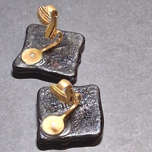 * Vintage Dichroic Glass Square Clip On Earrings - Picture 4 of 5